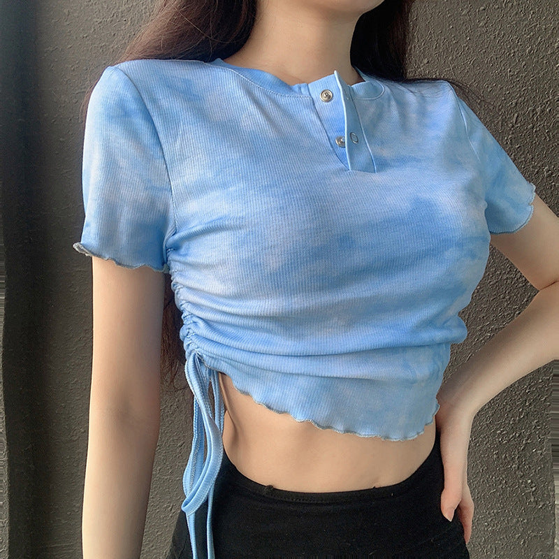 Tie-dye round neck fungus pleated T-shirt