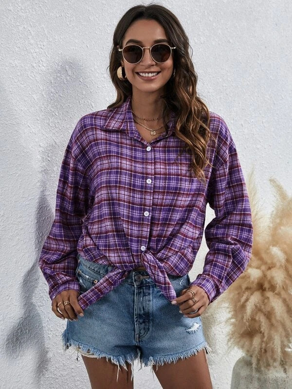 Loose And Slim Lapel Long Sleeved Brushed Plaid Shirt
