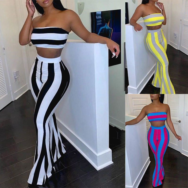 New Women's Suit Striped Printed Chest-Wrapped Flared Pants With Two-Piece Buttocks