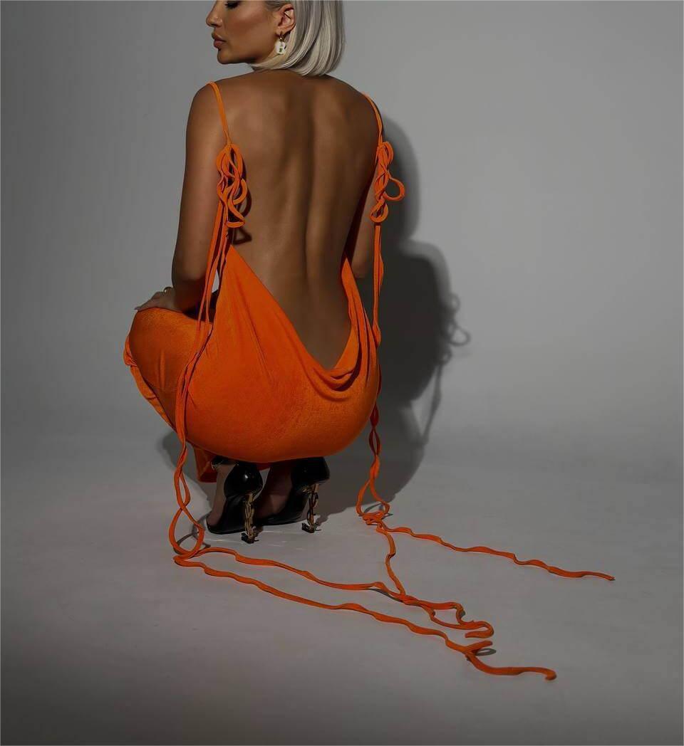 Sexy Bare Back Dress Summer Camisole Gown Lace-up Long Dress