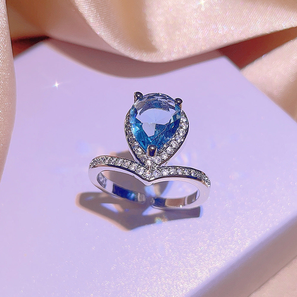 Women's Inlaid Blue Zircon Ring Earrings Necklace