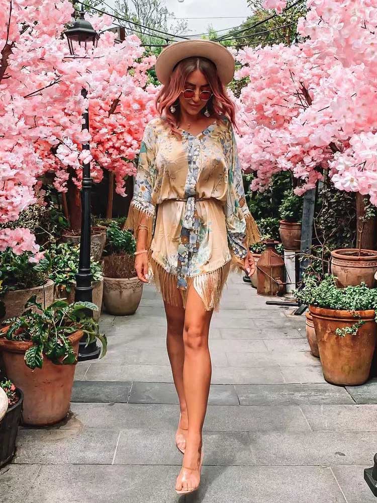 Women Fringe V-Neck Kimono Dress