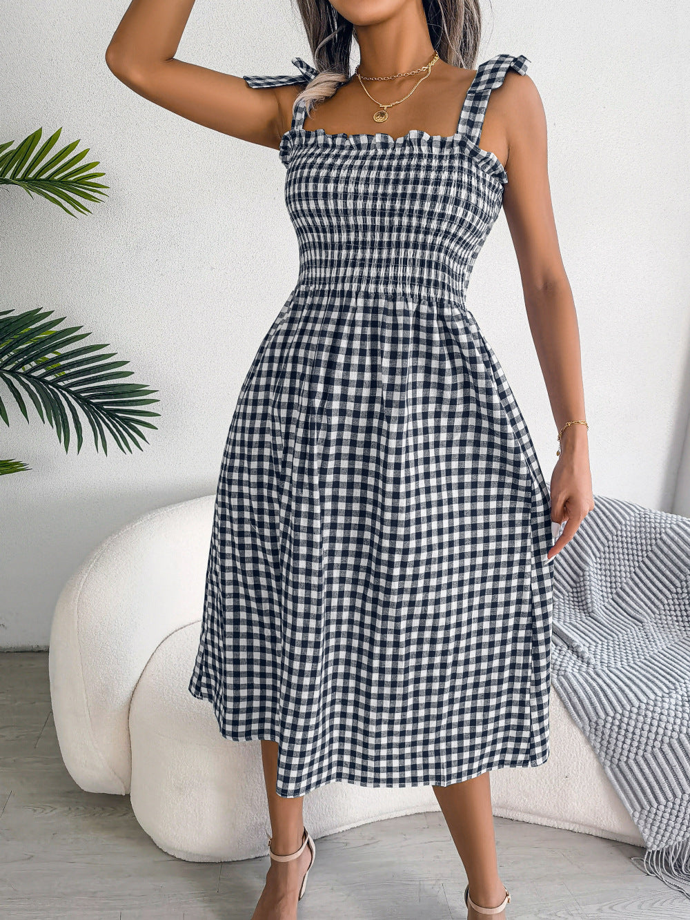 Casual Lace Up Color-contrast Check Skirt Mid-length Dress