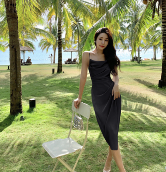 Tea Break Pleated Slit Suspender Long Skirt