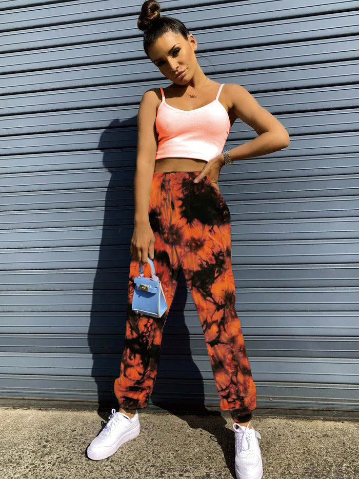 Women's Elastic High Waist Tie Dye Rainbow Slim Casual Pants