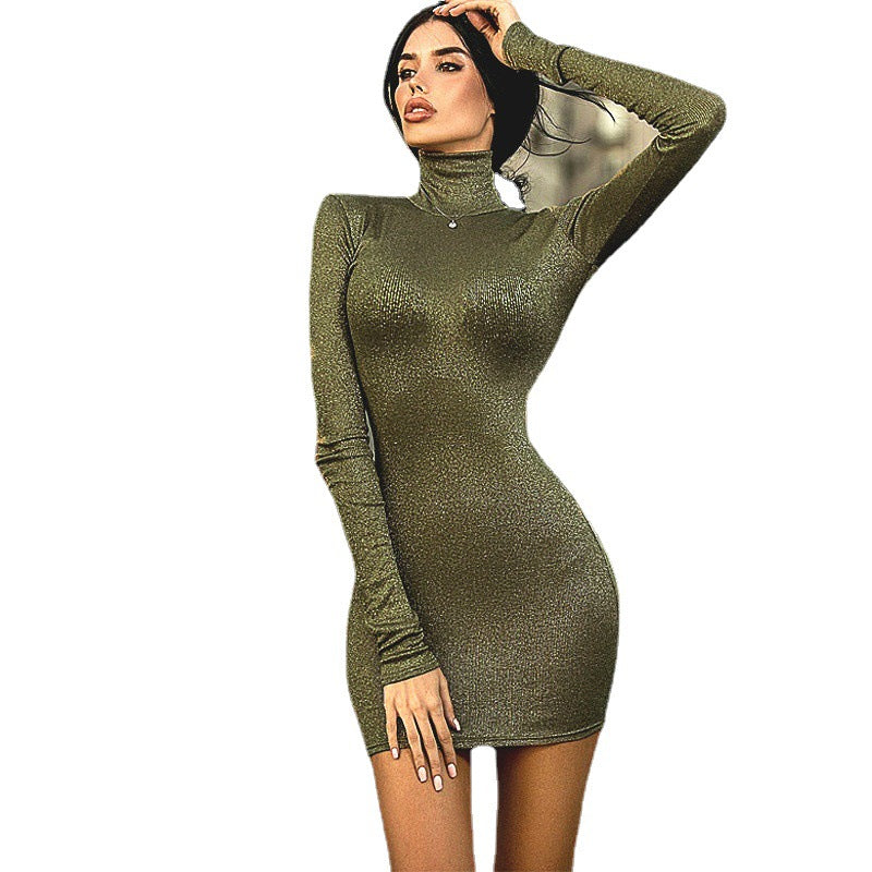 New Style Commuter Bright Silk Long-sleeved High-necked Shoulder Pad Dress Women