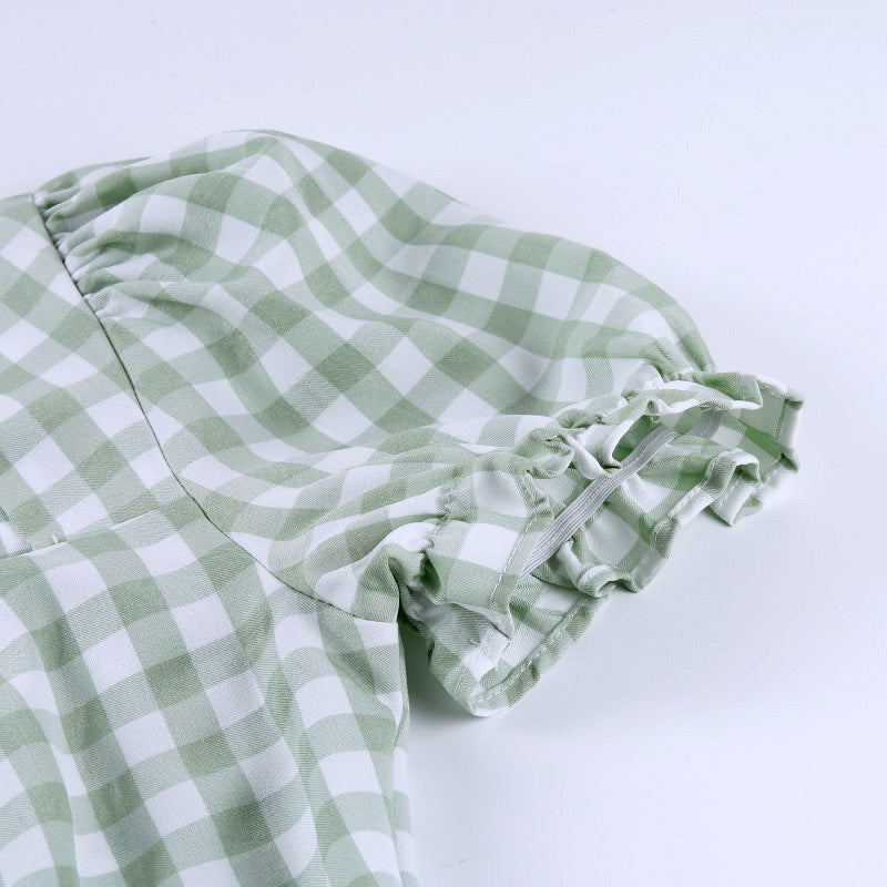 Square neck puff sleeve plaid dress women