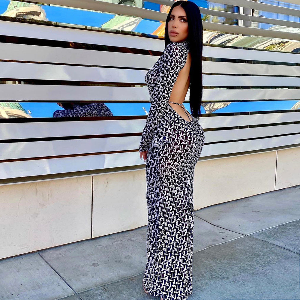 Fashion Mesh Sheer Print Open Back Dress