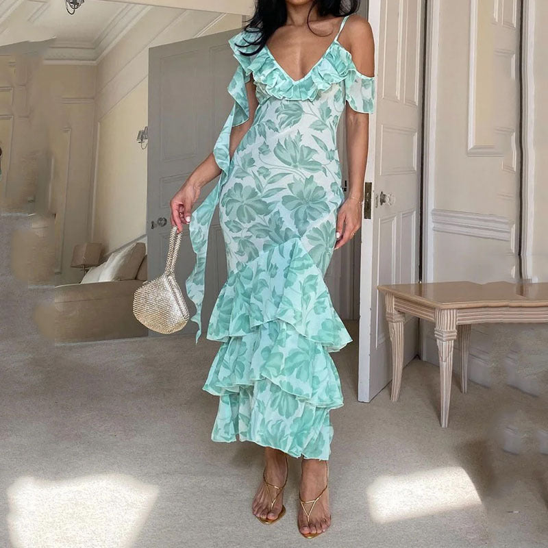 Fashion Printed Fishtail Ruffled Dress