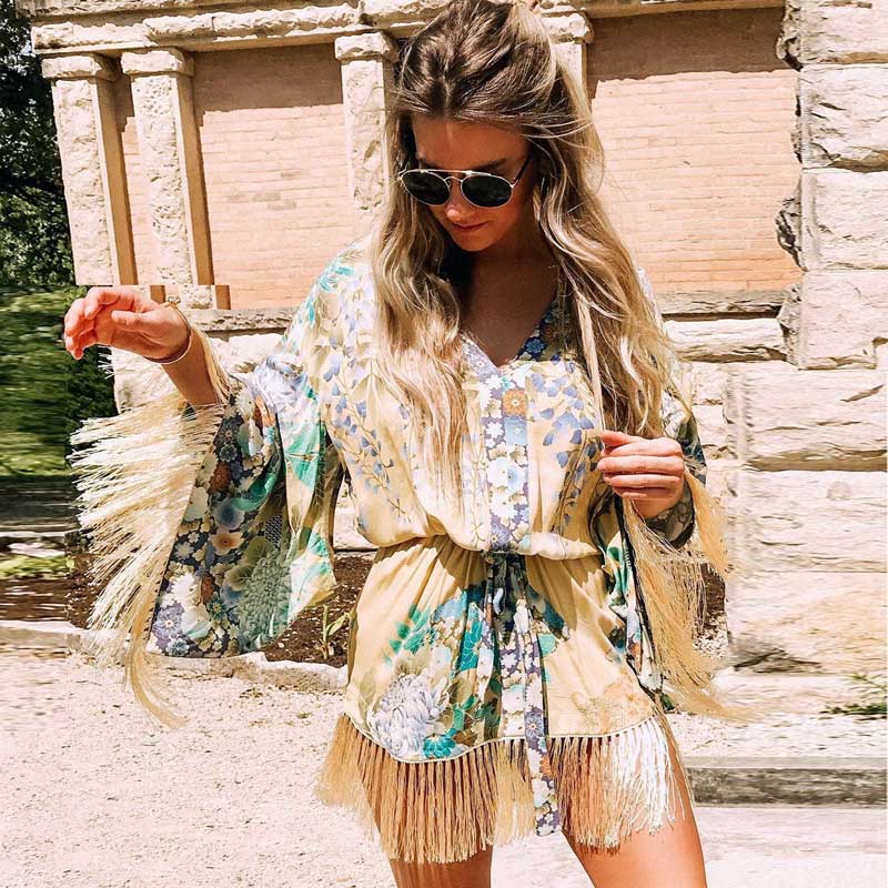 Women Fringe V-Neck Kimono Dress