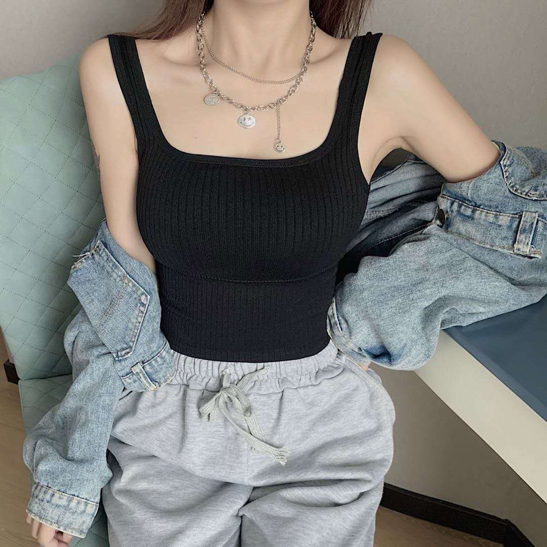 Vertical Pattern Beautiful Back Basic Sling Square Collar Vest