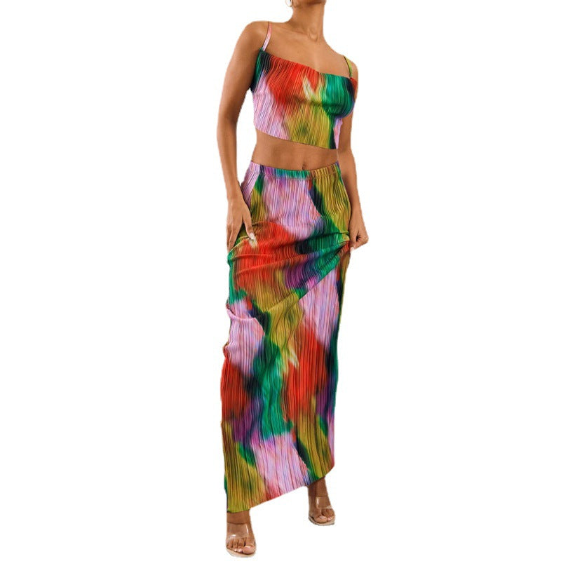 Women's Printed Pleated Two-piece Suspender Dress Suit