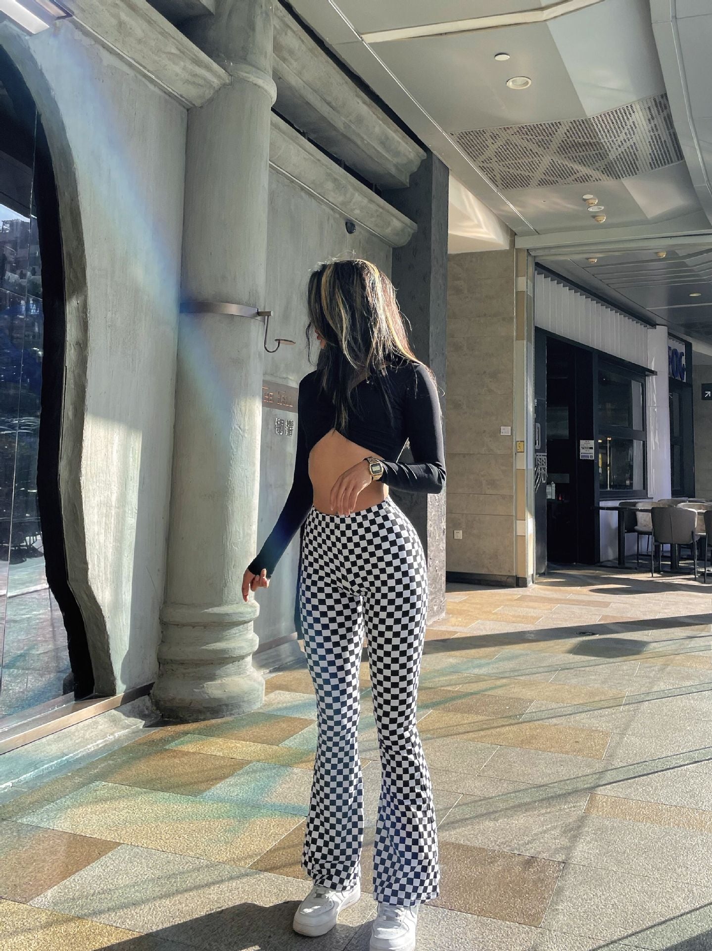 Chessboard Plaid Bell-bottom Pants Female Fitness Yoga Wear