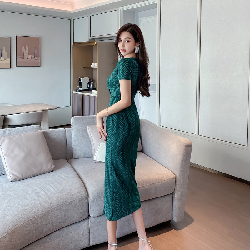 Ladies Neat Waist Slim Jacquard Leaf Knit Cotton Skirt