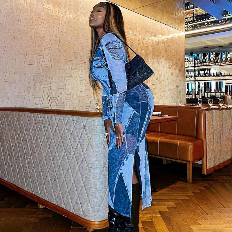 Women's Fashion Casual Denim Printing Round Neck Long Sleeve Slim Dress