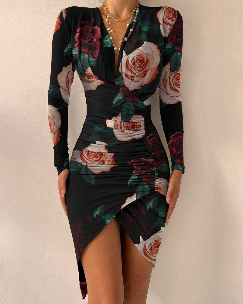 Long Sleeve V Neck Printed Skinny Slit Dress Women's