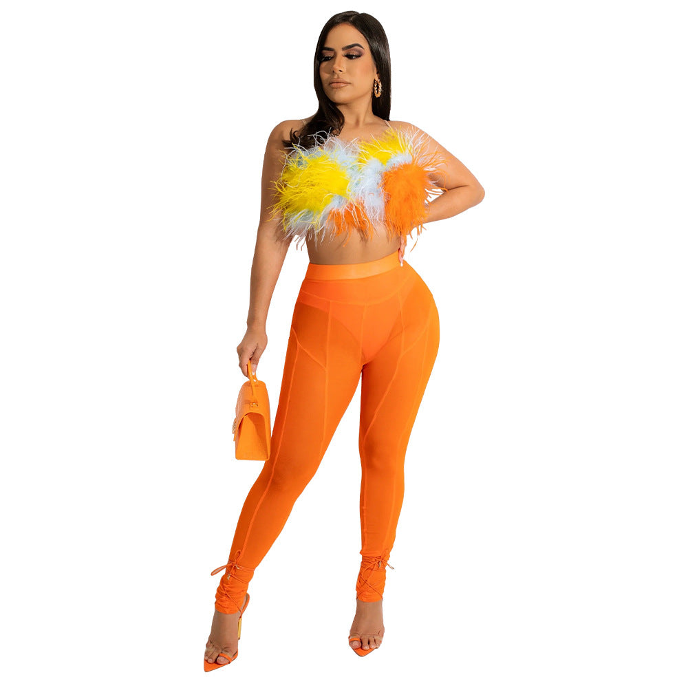 Summer Nightclub Pants Ostrich Feather Sleeveless Two-piece Sling