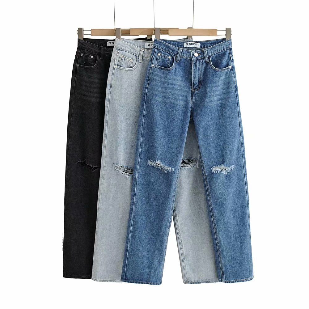 European And American Double-knee Holes Rolled Edge Mopping Jeans