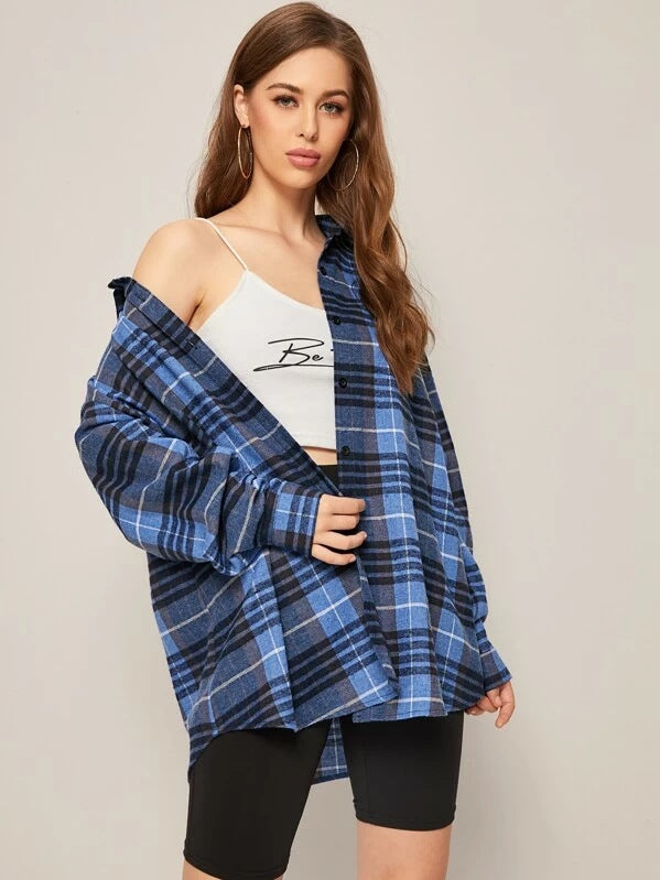 Loose And Slim Lapel Long Sleeved Brushed Plaid Shirt