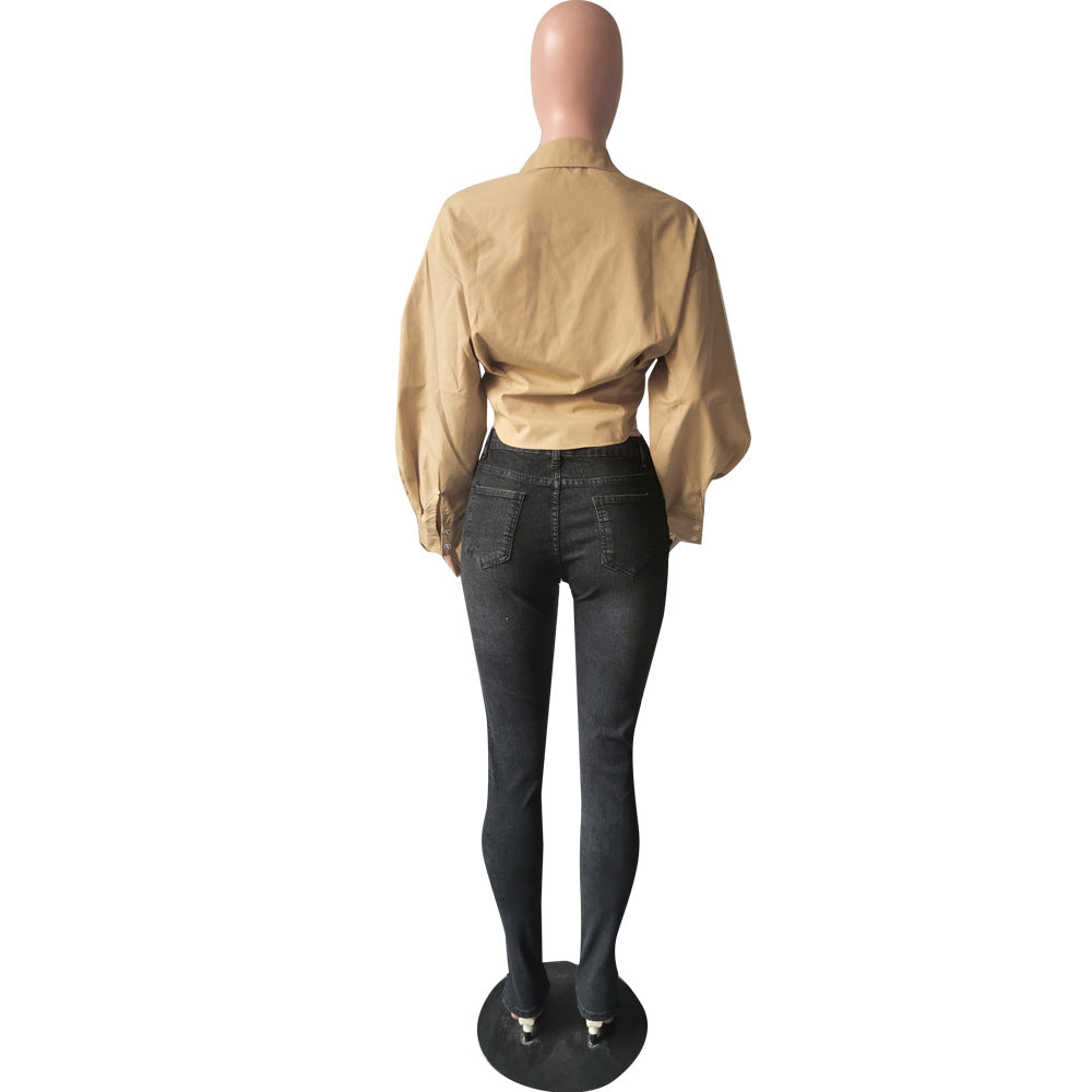 Fashion slim temperament solid color lantern sleeve shirt