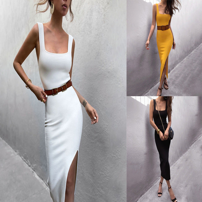 Women's Elegant Square Neck Vest Slit Long Slim Dress
