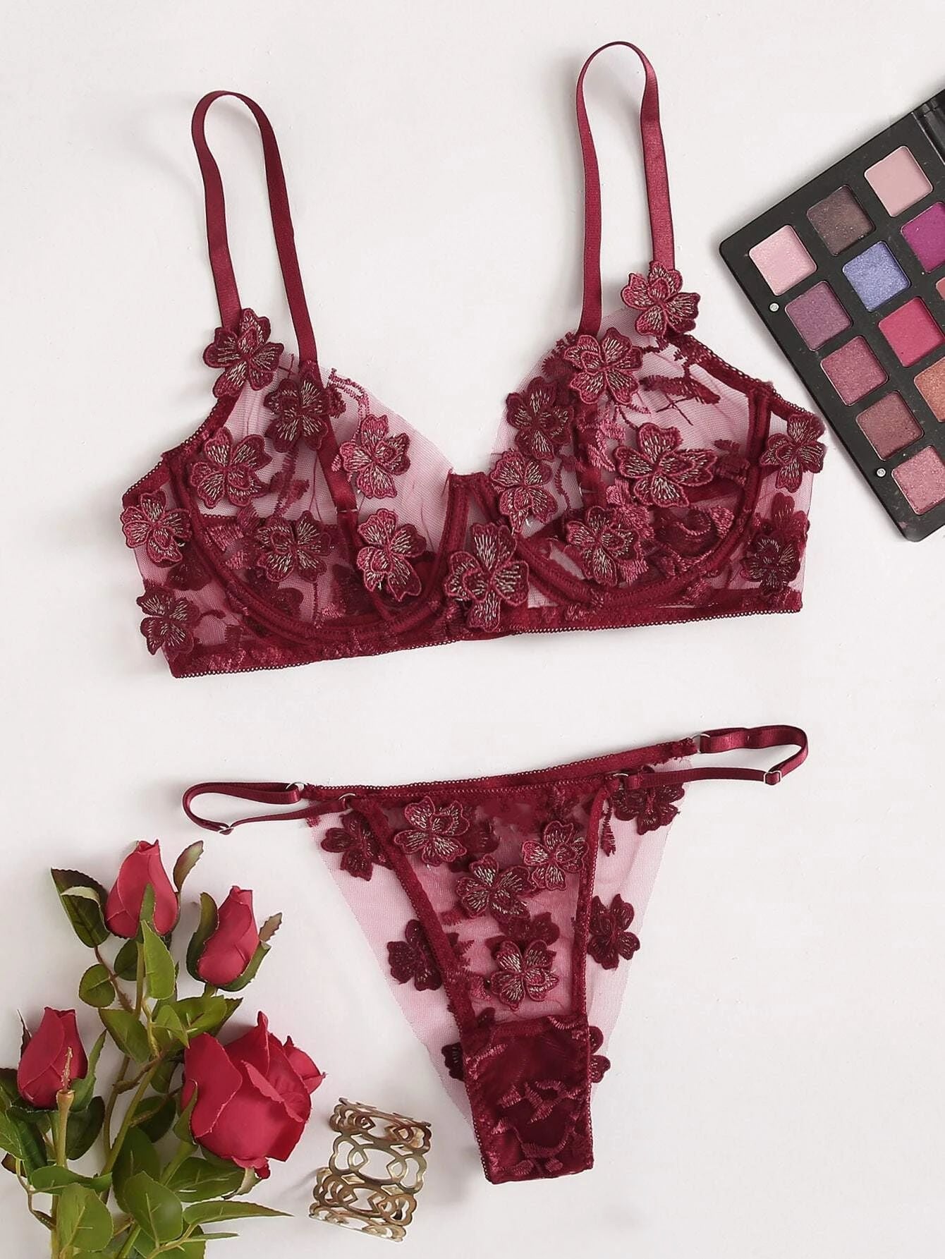 European And American Underwear Set Sexy Sweet Mesh Embroidered Flower Applique