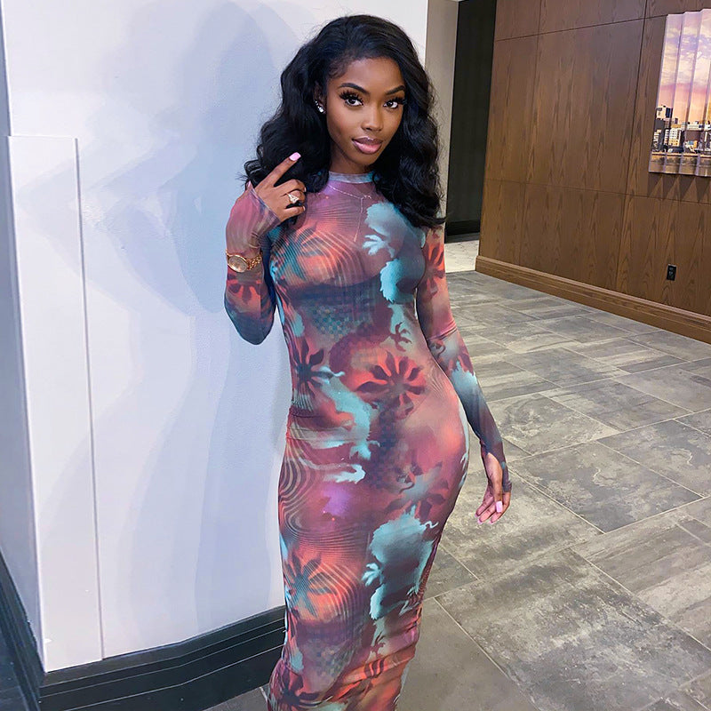 Gauze Printed Casual Long Dress