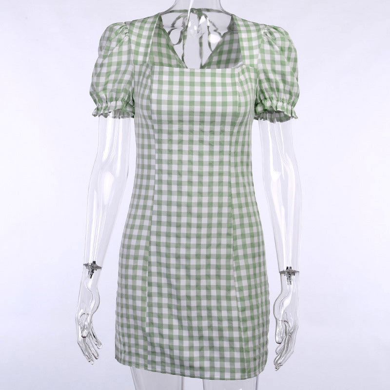 Square neck puff sleeve plaid dress women