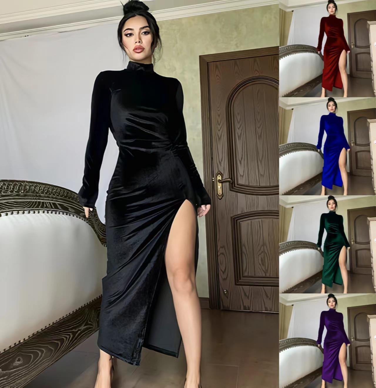 Turtleneck Duraplush Long Skirt Slim-fit Pleated Slit