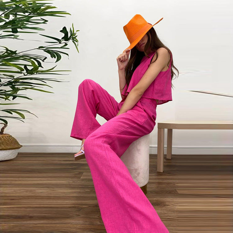 Women's Fashion Solid Colour Sleeveless Flared Pants Set