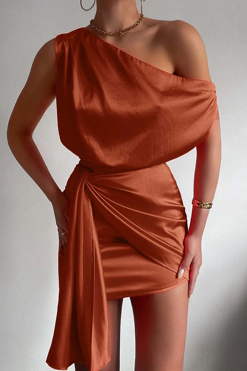 Solid Color Shoulder Sleeveless Diagonal Collar Mid Waist Lace-up Irregular Dress