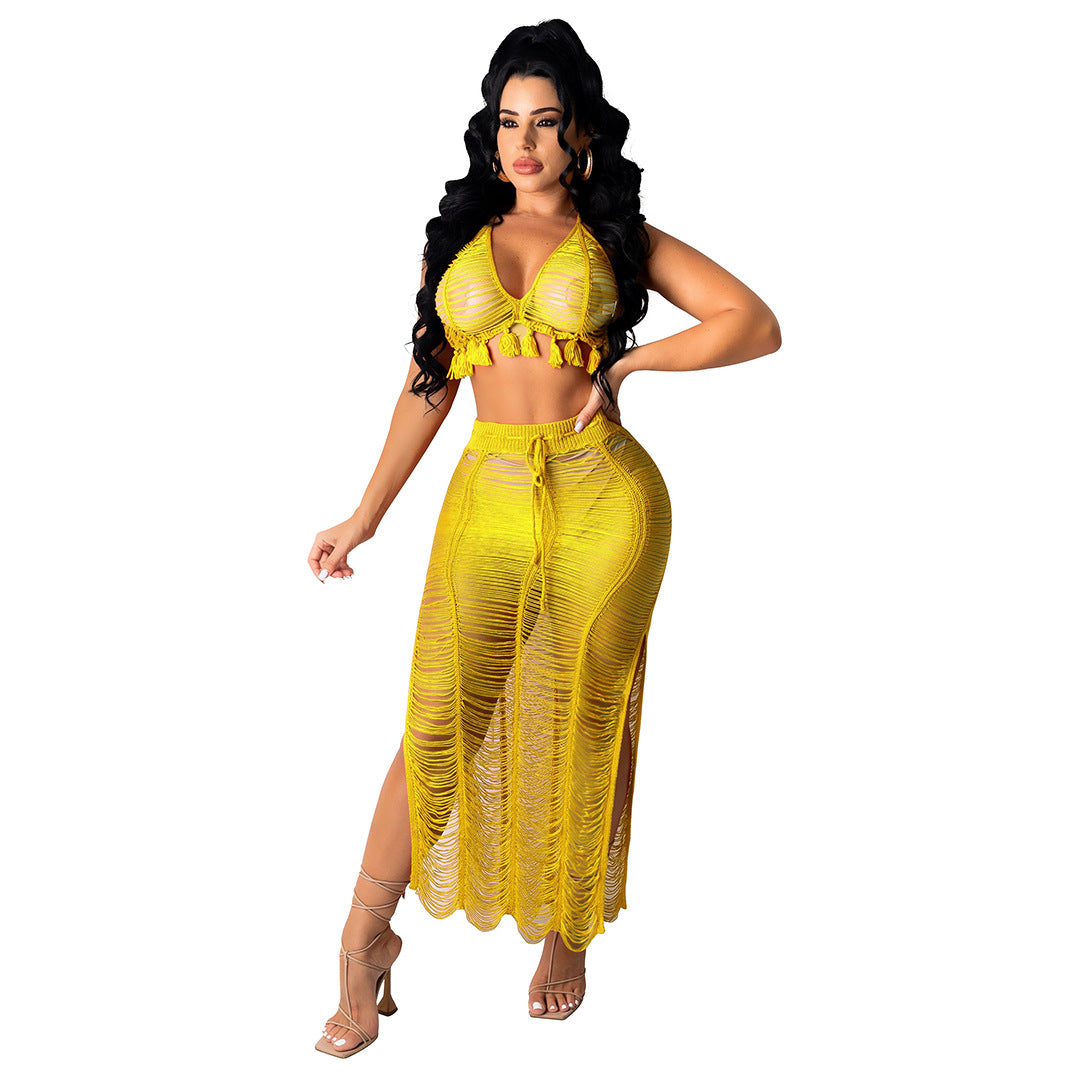 Women's Sexy Knitted Suit Hollow Swimsuit Two-piece Skirt