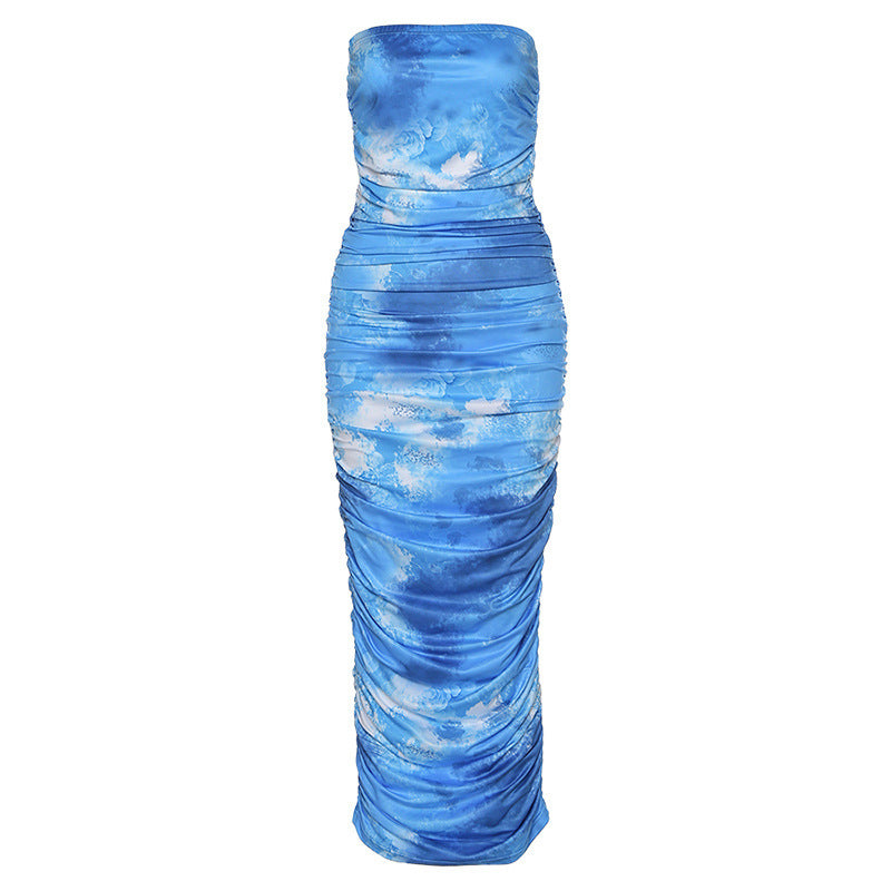 One-shoulder tube top print dress