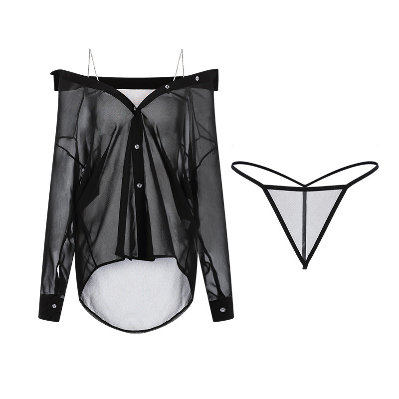 See-through Rhinestone Shoulder Strap Boyfriend Style Shirt Outfit