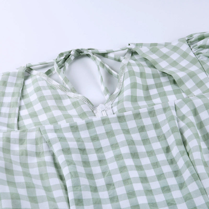 Square neck puff sleeve plaid dress women