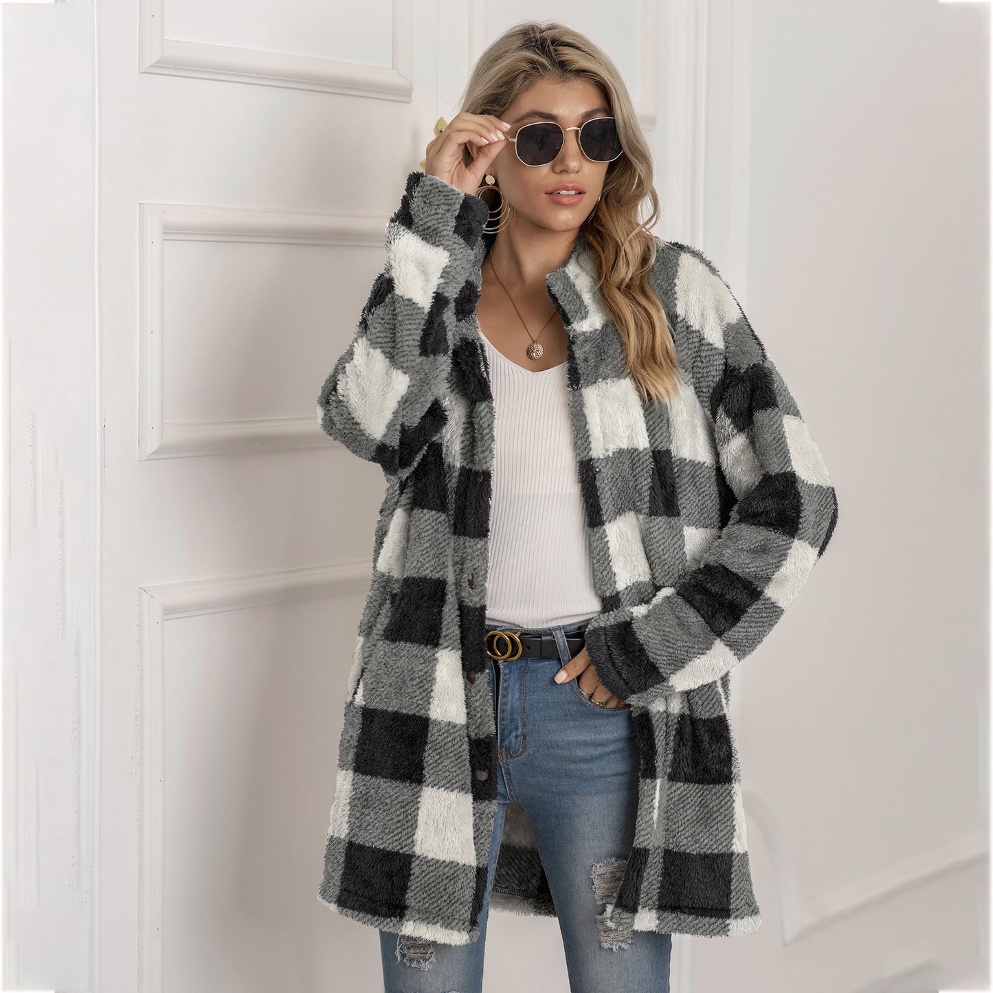 Contrast plaid long coat