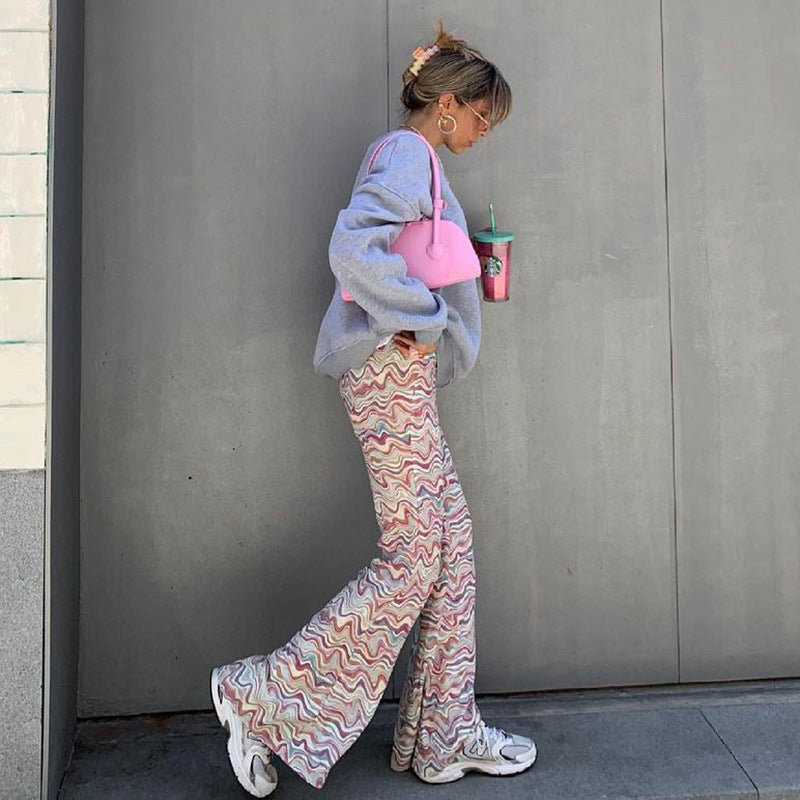 Slim Temperament High Waist Corrugated Flared Pants Women