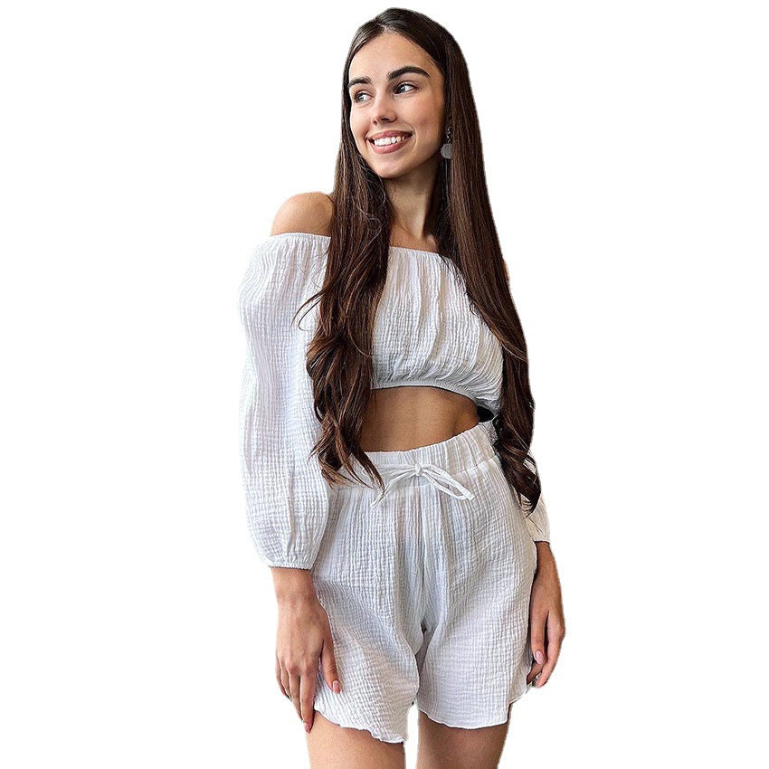 French T-Shirt Cropped Sleeve Double Crepe Cotton Crop Pajamas Women's Set