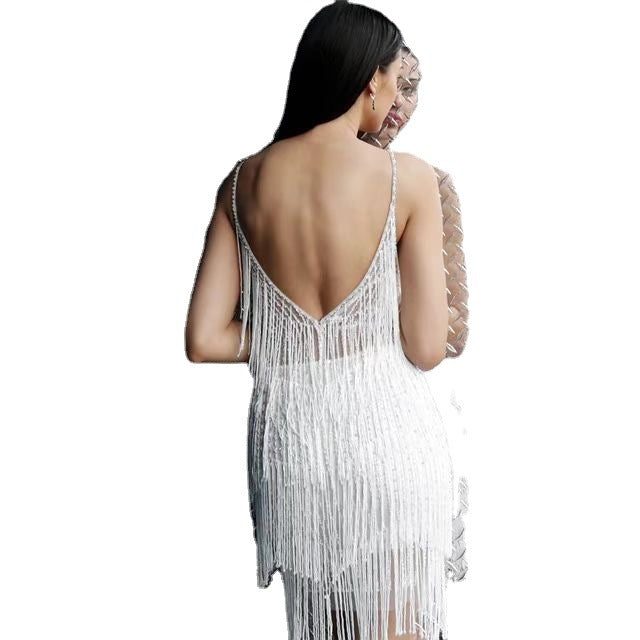 Low-cut V-neck Suspender Fringe Dress Fashion Fringe Skirt