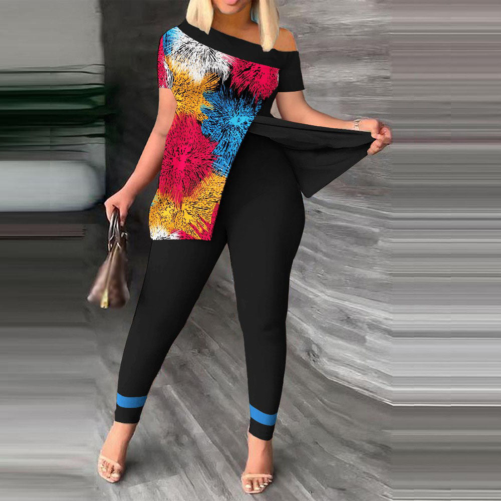 Split Print Short Sleeve Pants Set
