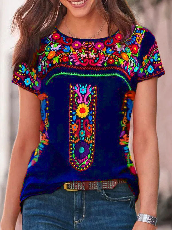 Women's Bohemian Print Round Neck Short Sleeve T-shirt Top