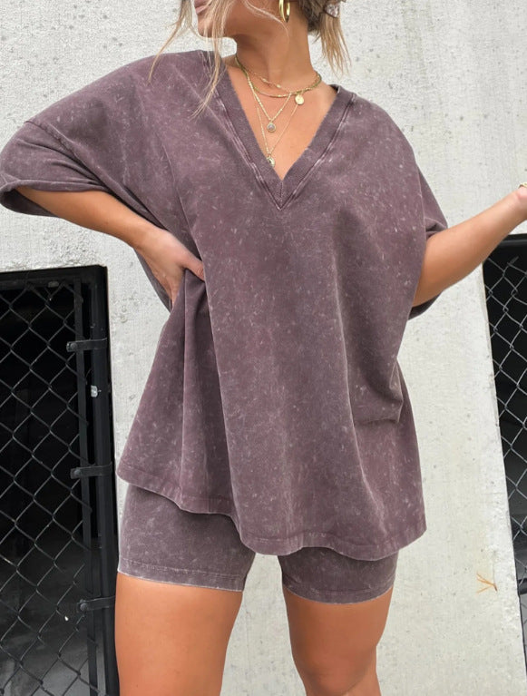 Women's V-Neck Denim-like Short-sleeved T-shirt Casual Shorts Suit
