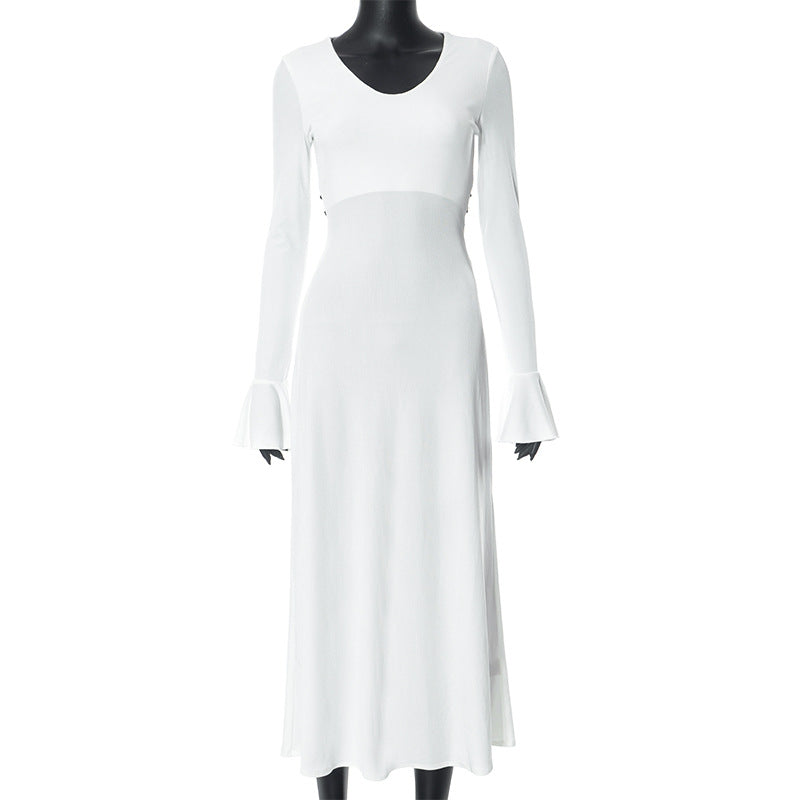 Women's Fashion Solid Color Bell Sleeve Tied Slim Fit Dress