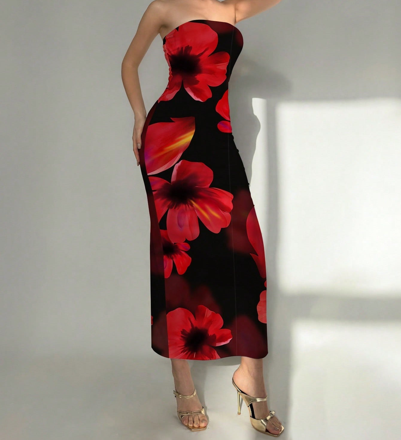 New Women's Slim-fit Contrast Colors Floral Print Dress