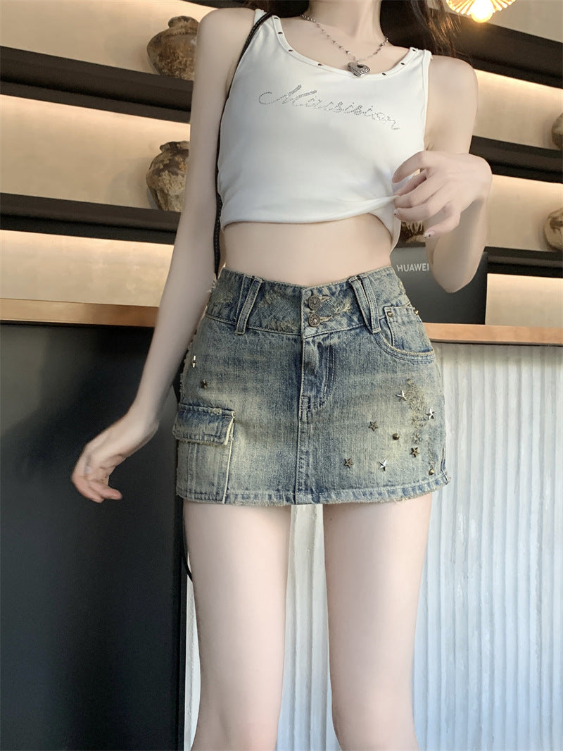 Hot Girl Heavy Industry Sheath A- Line Skirt Washed-out Vintage Denim Skirt