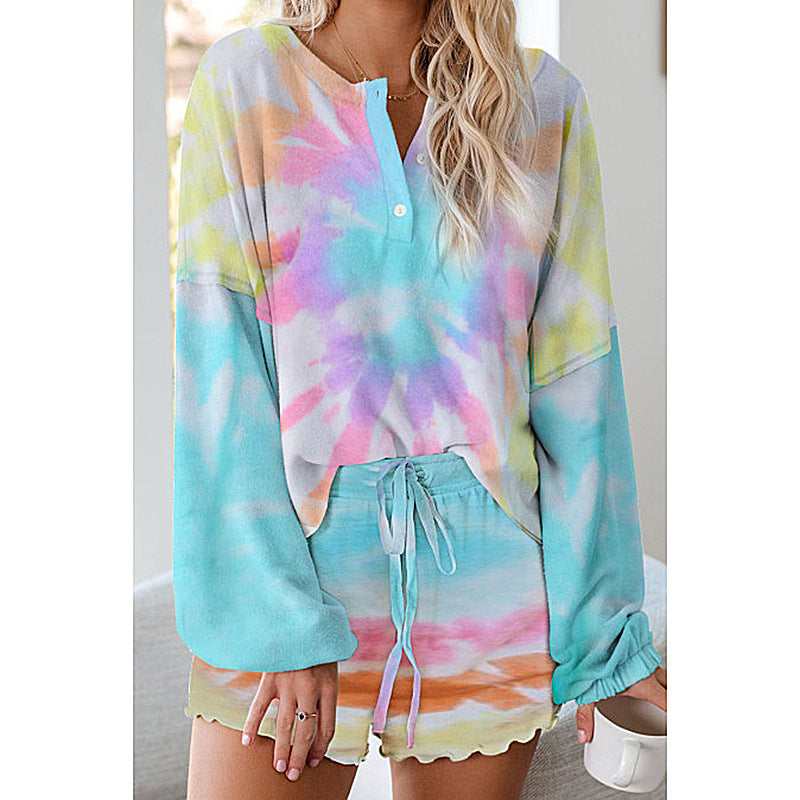 Tie-Dye Printed Casual Long-Sleeved Shorts Suit