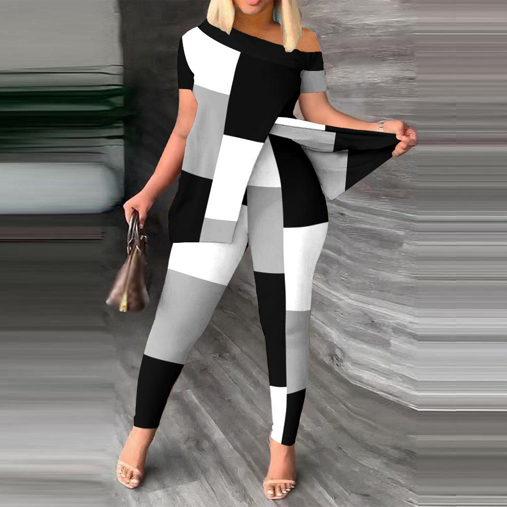 Split Print Short Sleeve Pants Set