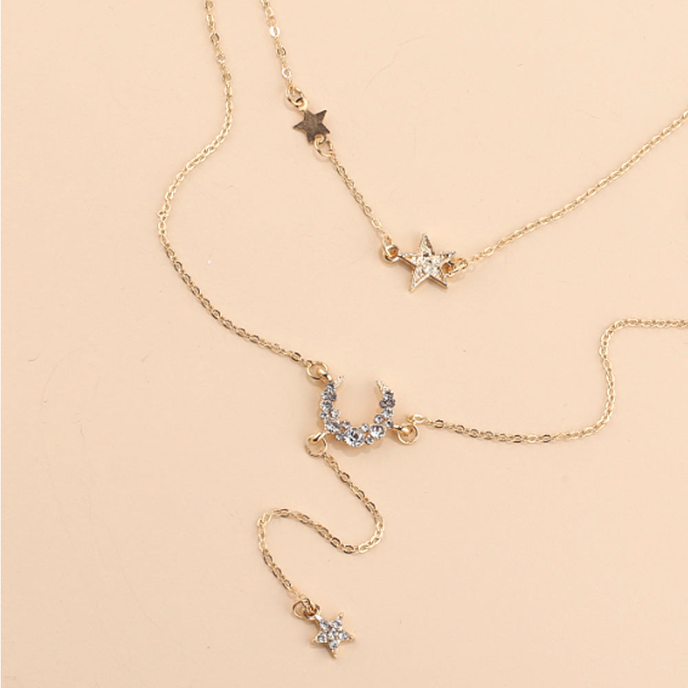 Multilayer Full Diamond Star Moon Pendant Necklace