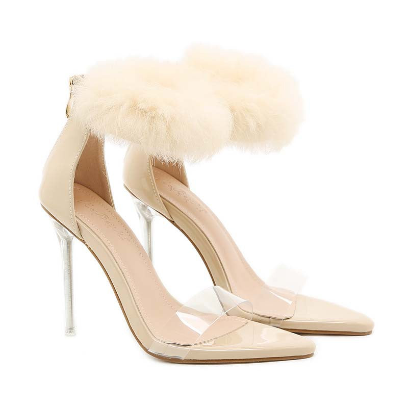Toe Transparent One-word Hairy High-heeled Women Sandals