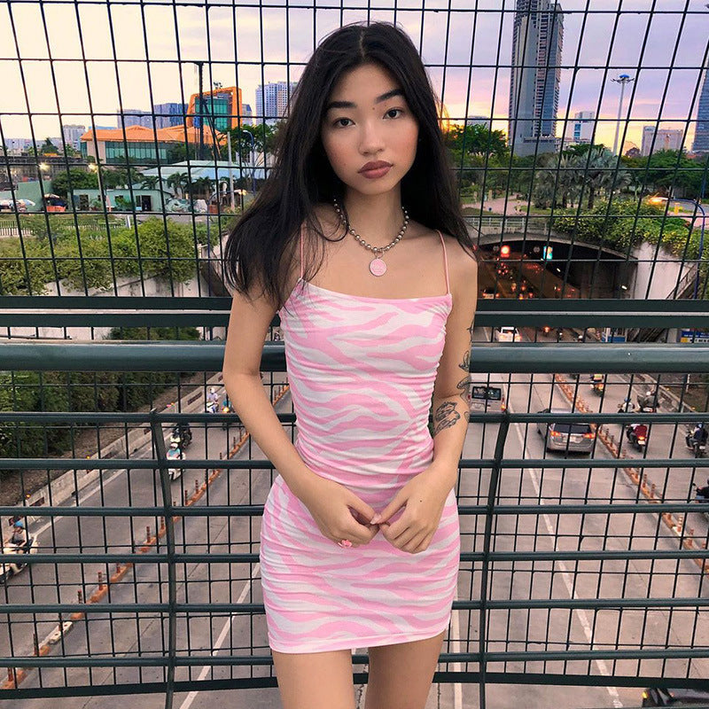 Women's Fashion Print Slim Sling Short Dress